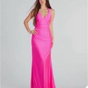 Jianne Formal Lace-Up Back Long Dress in Neon Pink